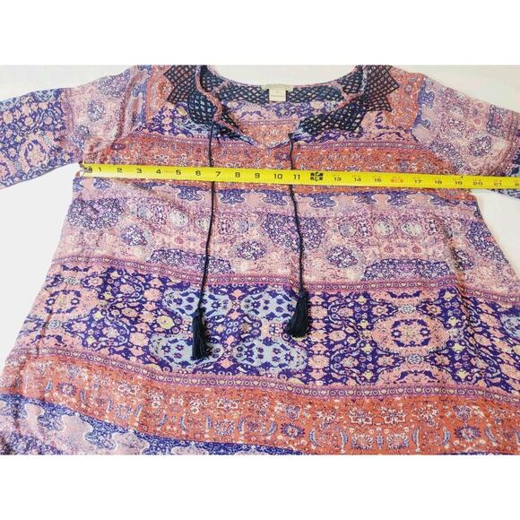 Lucky Brand Womens Medium‎ Peasant Top Bohemian Balloon Sleeve Printed Tassel - Picture 7 of 9